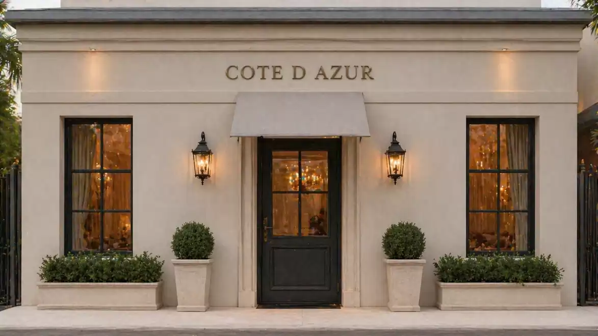 Elegant building with three windows, two lanterns, and large potted plants, labeled 'Cote D Azur' with a stylish classical entrance.