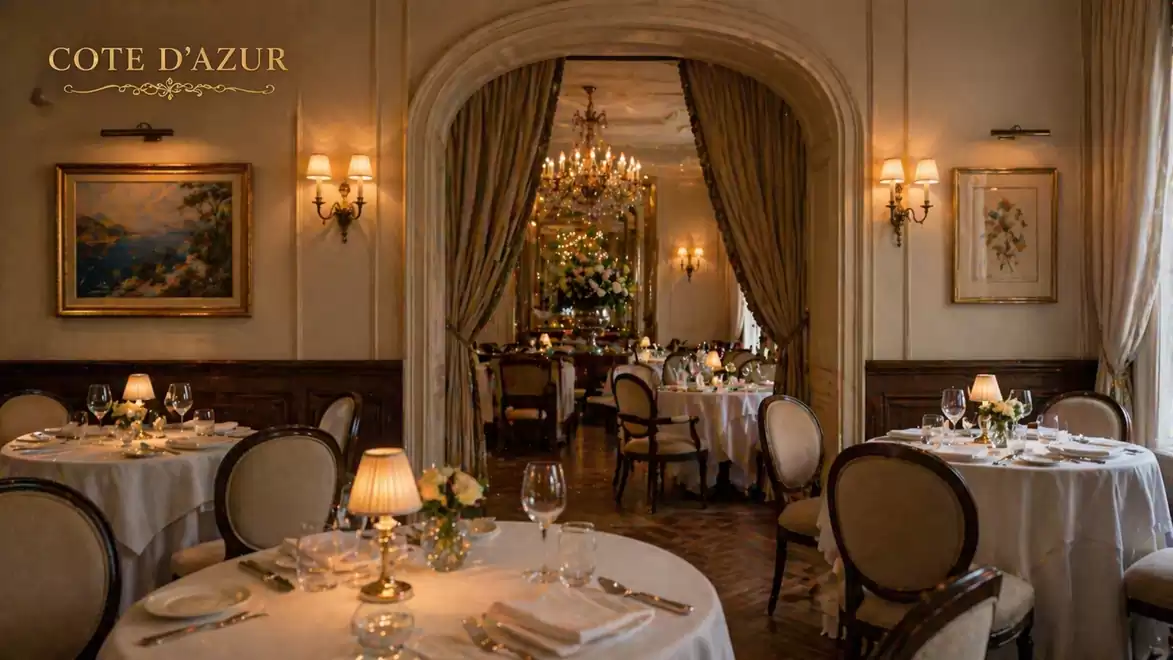 Elegant restaurant with dim lighting, set tables, and classic country-style décor.
