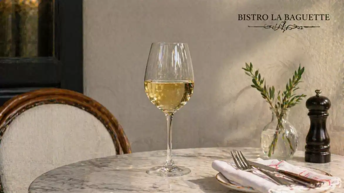 An elegant bistro with a glass of white wine on a marble table, next to cutlery and a pepper grinder.