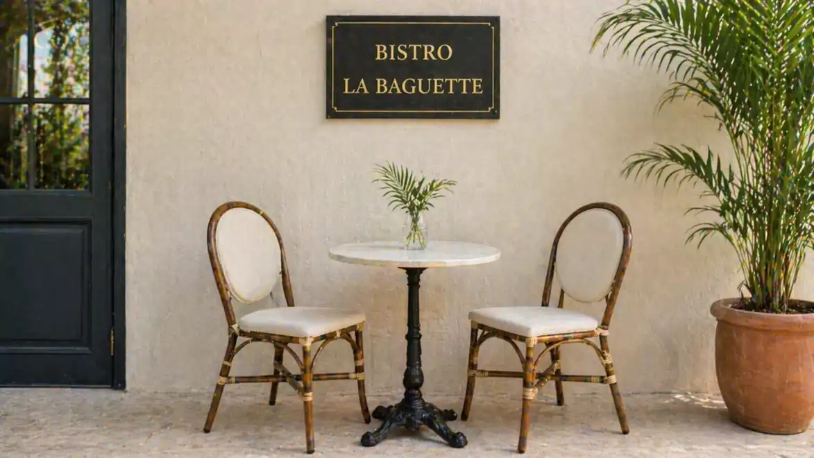 A small bistro with two empty chairs and a round table in front of a cream-colored wall. A sign above the bistro reads 'Bistro La Baguette'.