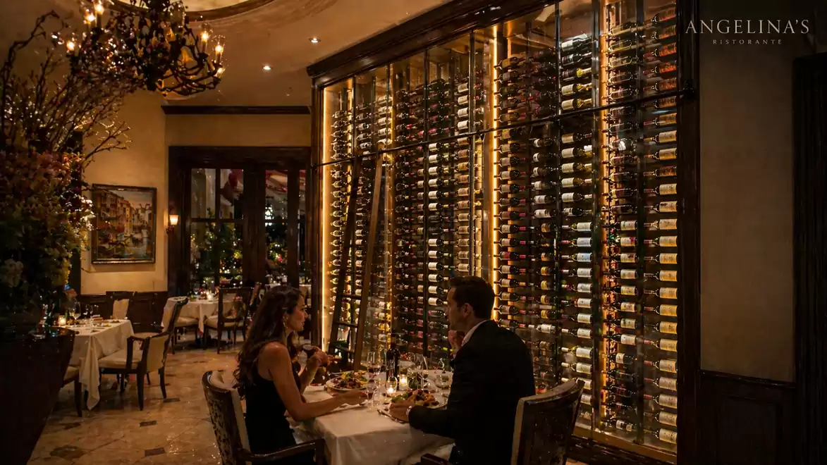 An elegant restaurant with a large wine cellar, where a couple is dining by candlelight.