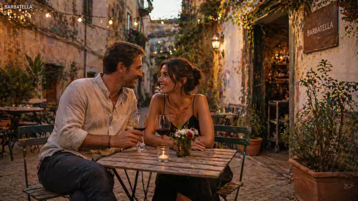 A couple sits at a small table in a romantically lit, picturesque alley enjoying the evening.