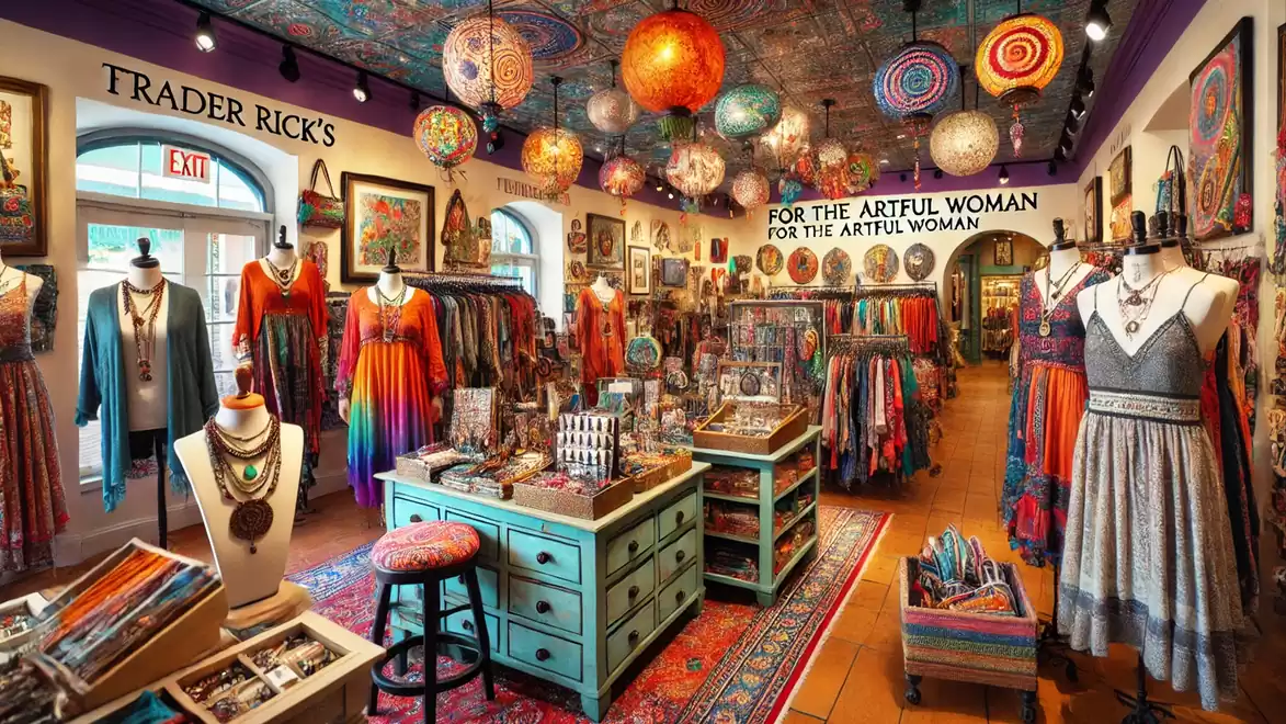 A colorful store with vibrant clothing and accessories, adorned with lamps and decorative elements.