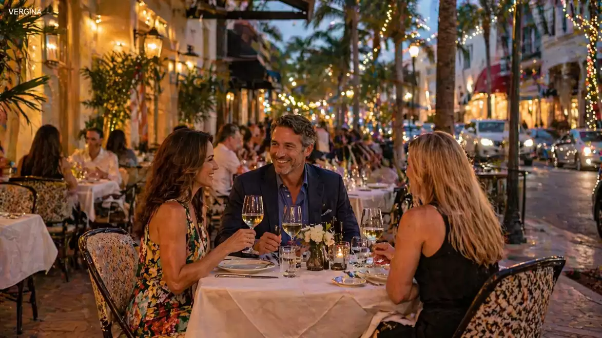 Three people enjoying dinner at a charming street café with string lights and foliage decoration.