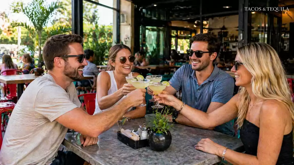 A group of four friends cheers with cocktails at an outdoor restaurant on a sunny day.