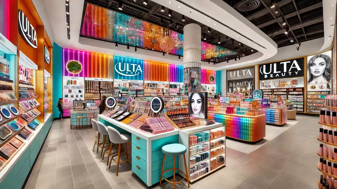 Colorfully lit cosmetics store with various counters and shelves full of beauty products.