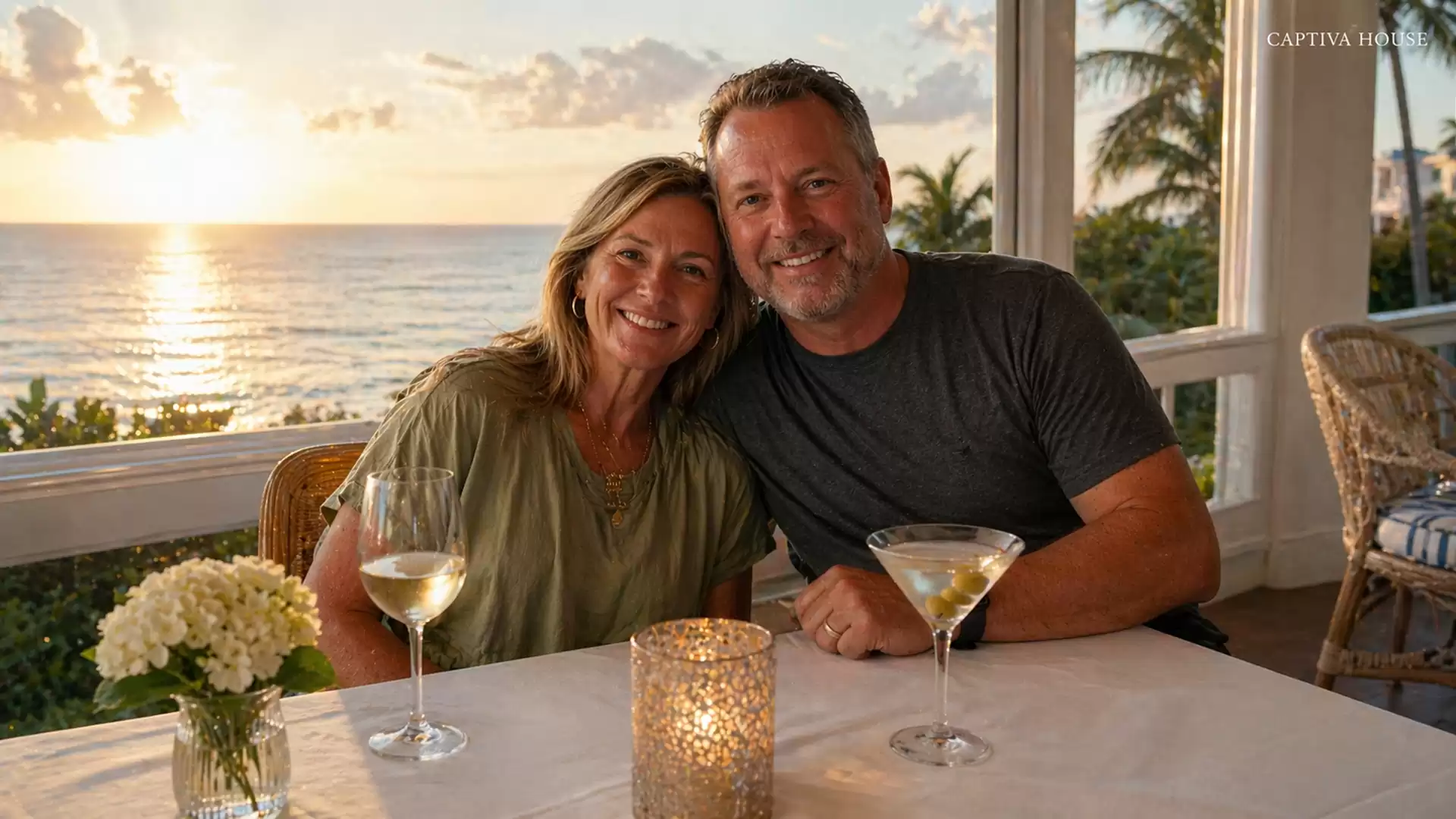 A couple enjoys a romantic sunset by the sea while sitting at a table with cocktails.