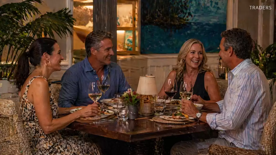Four adults in elegant attire sitting at a table in a stylish restaurant, enjoying dinner with wine.