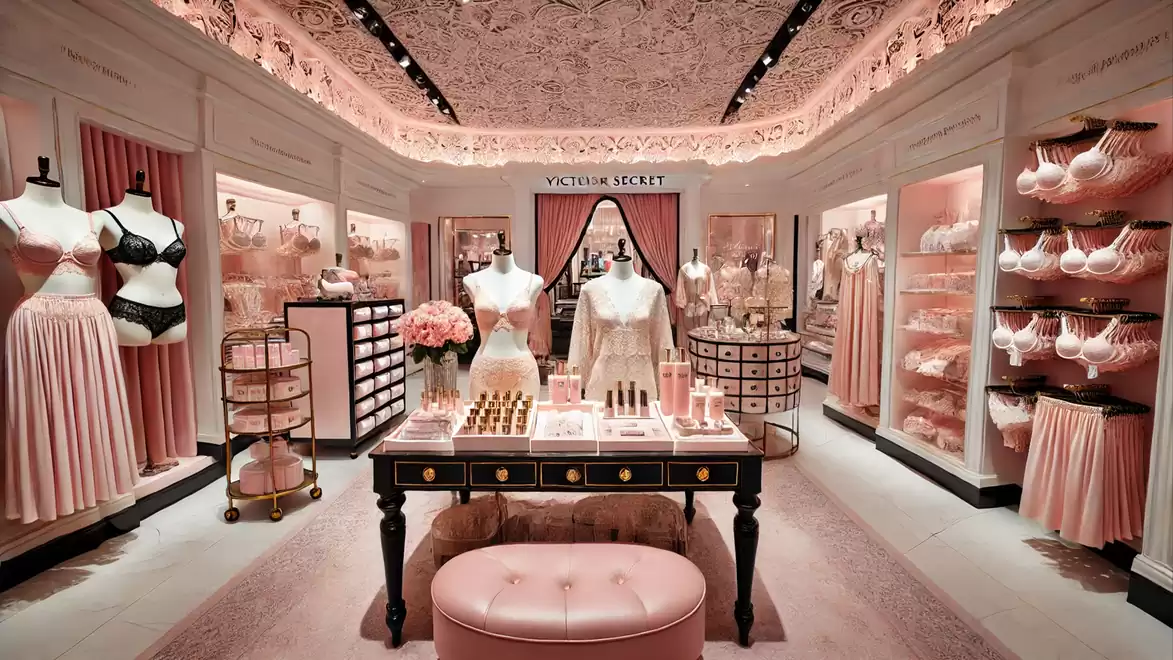 An elegant lingerie store with pink decor, mannequins, and stylish shelves.