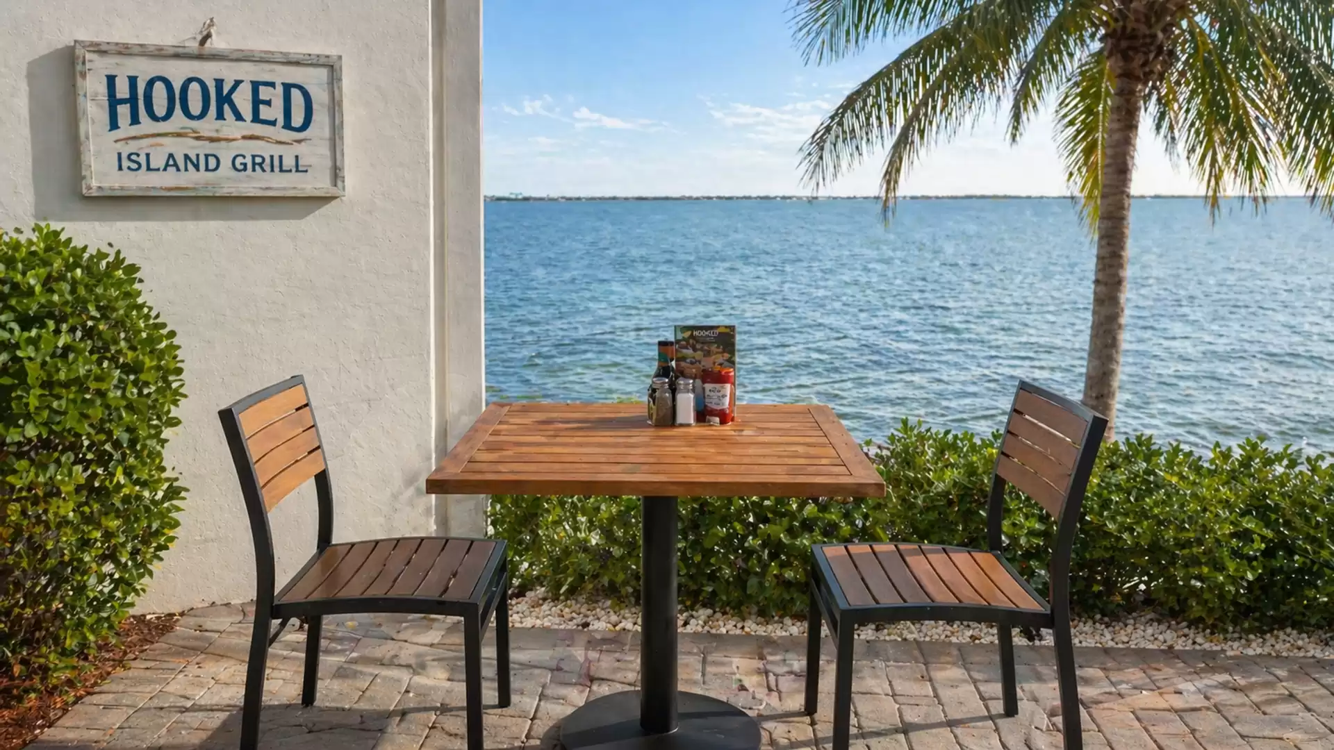 An idyllic outdoor dining area with two empty chairs and a wooden table overlooking the sea at Hooked Island Grill. Palm trees and blue sky in the background.