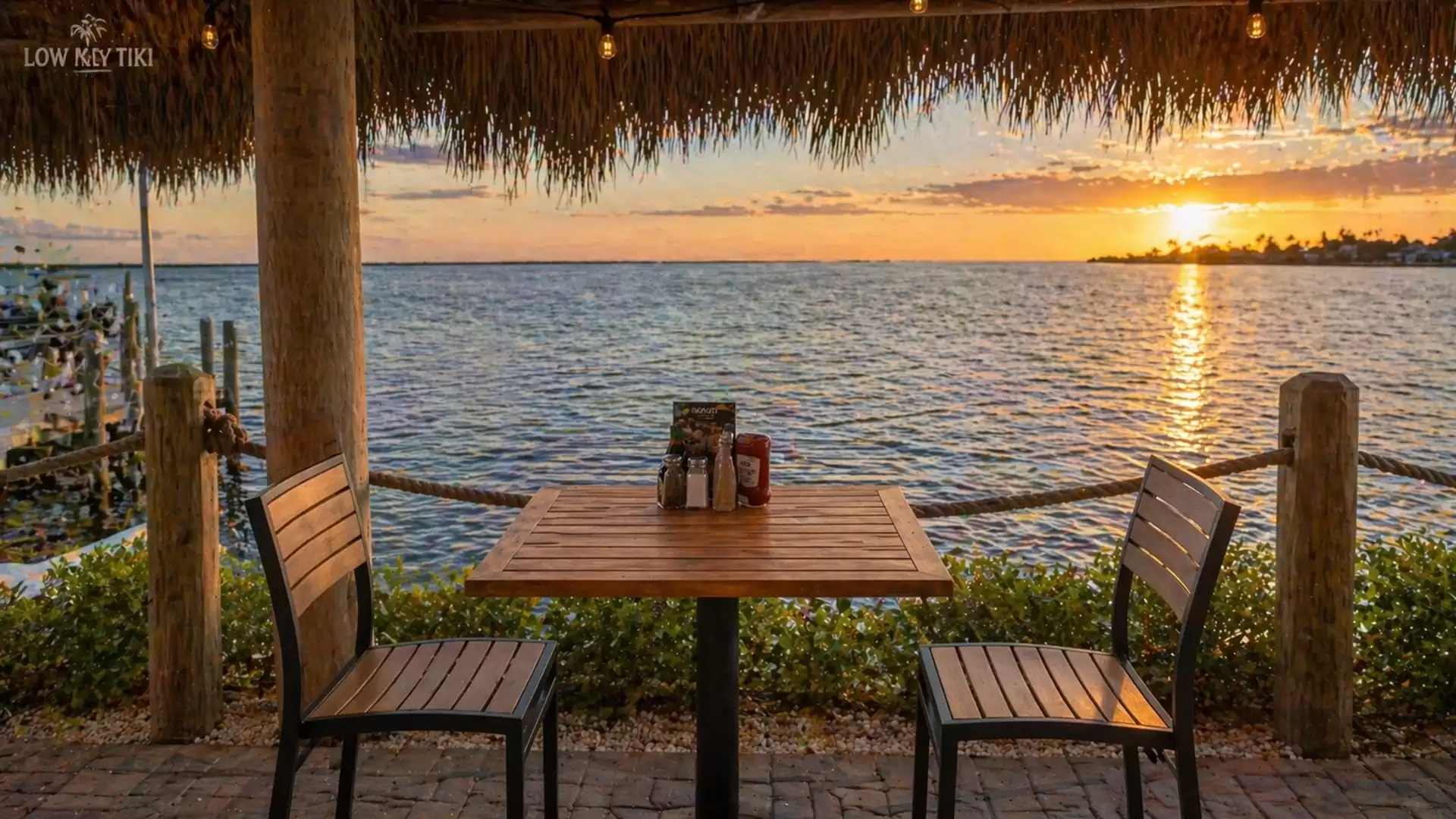 An idyllic terrace with two empty chairs and a table overlooking a lake at sunset.