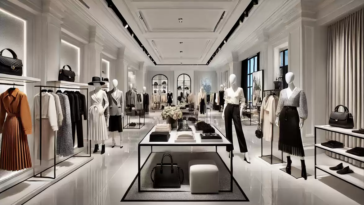 Luxurious clothing store with elegant mannequins and fashionable clothing.