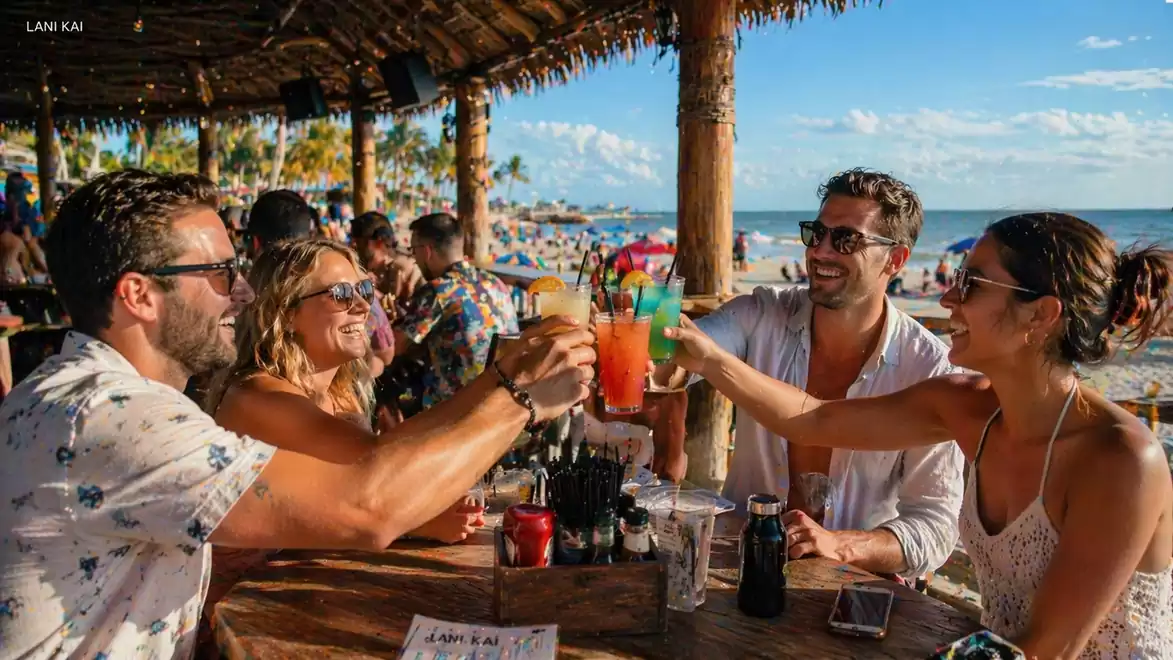 Four people toast with colorful cocktails at a sunny beach in a tropical beach bar.