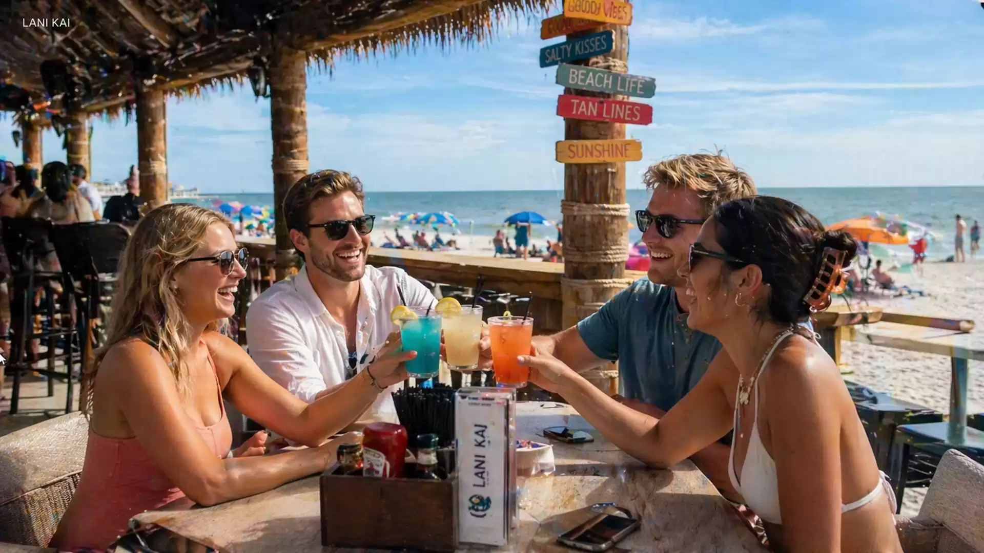 A group of four people sitting in a beach restaurant toasting with colorful drinks. In the background, the beach with umbrellas and the sea can be seen.