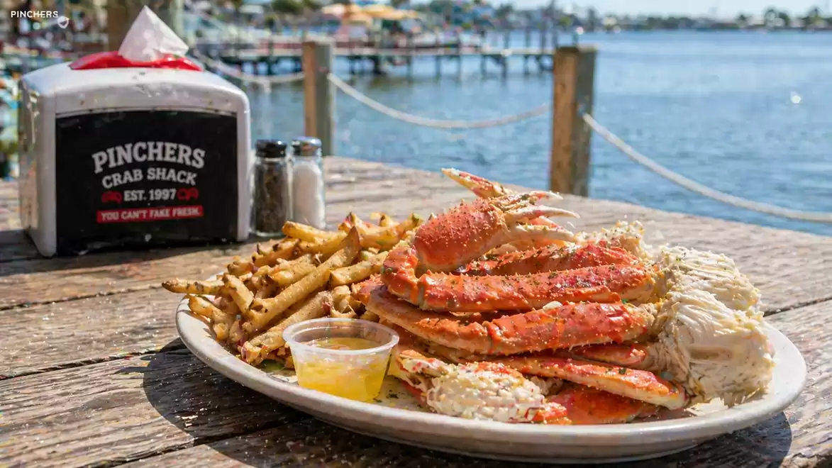 A plate with crab legs and French fries on a wooden table by the water. A dock and a sunny day are visible in the background.