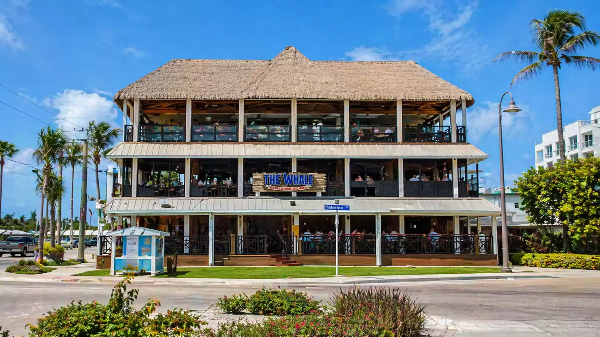 A three-story building with a thatched roof and large windows, surrounded by palm trees, on a sunny day.