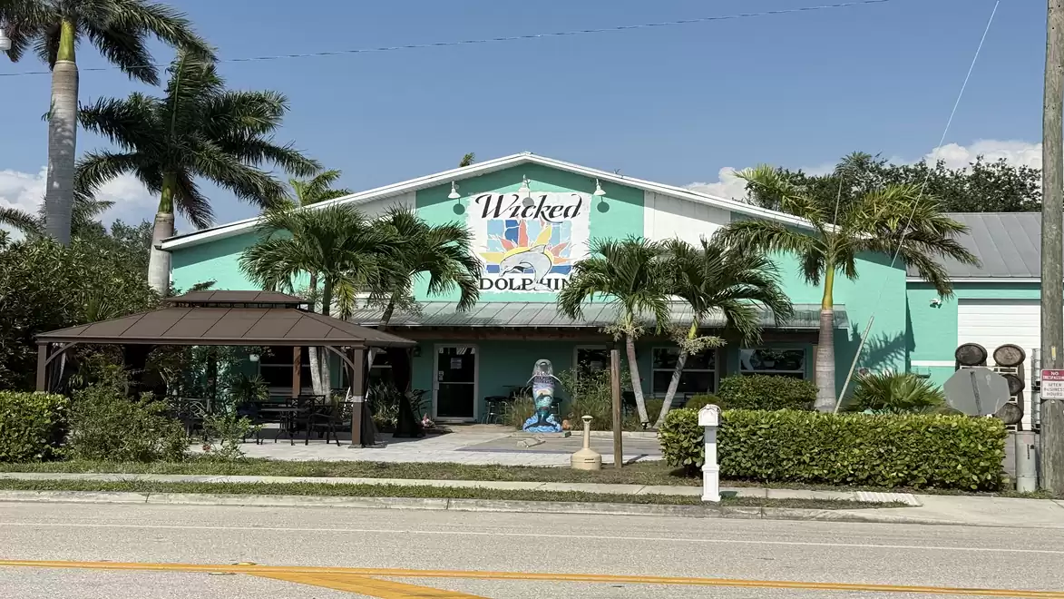 A turquoise building with a large logo and the inscription 'Wicked Dolphin' on the facade. Palm trees and a covered terrace with seating are in front of the building.