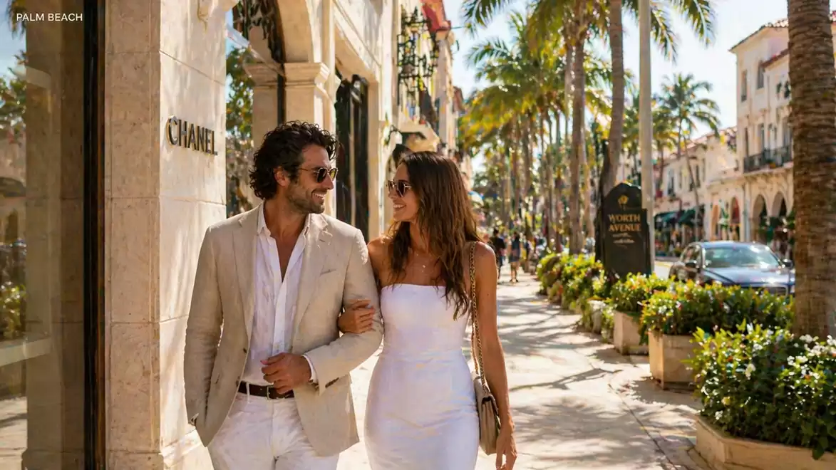An elegant couple strolls down a palm-lined street on a sunny day, flanked by luxury boutiques.