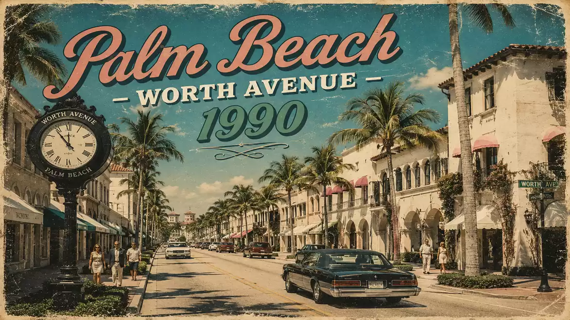 Retro postcard of Palm Beach's Worth Avenue in 1990 with cars, palm trees, and vintage architecture.