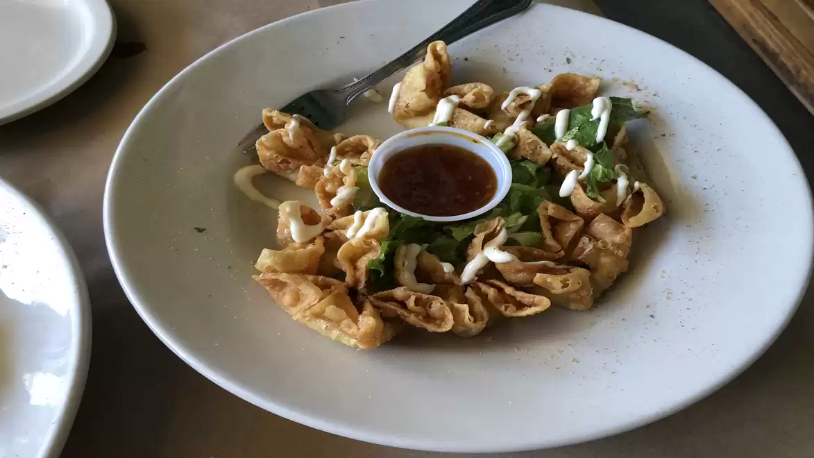 A white plate with crispy, fried dumplings and a small bowl of red sauce in the center, garnished with green herbs.
