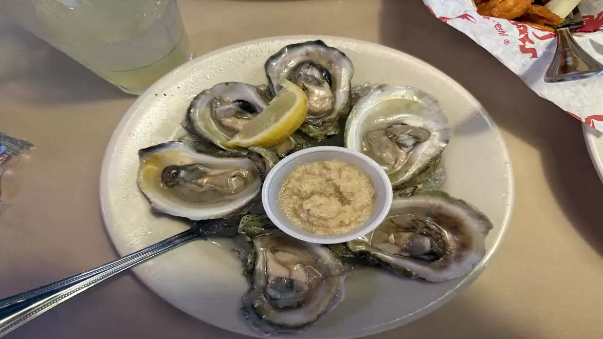 A plate of fresh oysters served with a lemon slice and a sauce dish in the center.