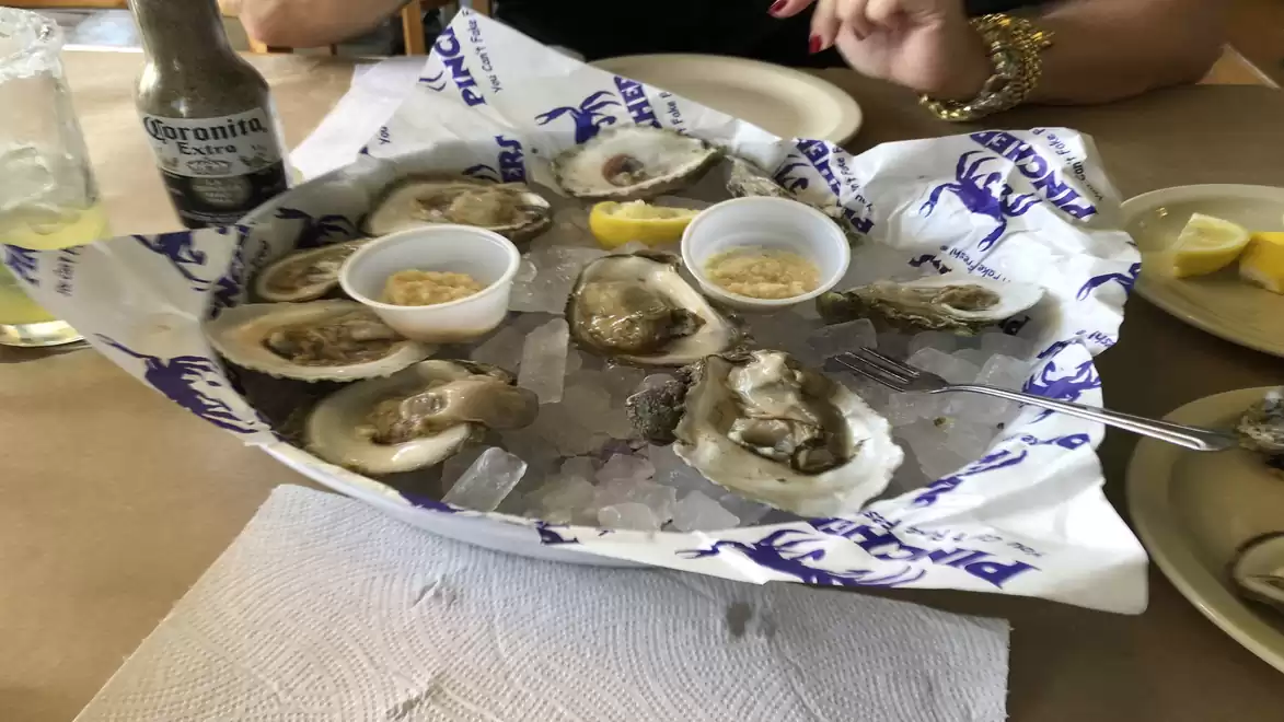 A platter of fresh oysters served on ice with lemon wedges and sauce, next to a bottle of Corona beer.