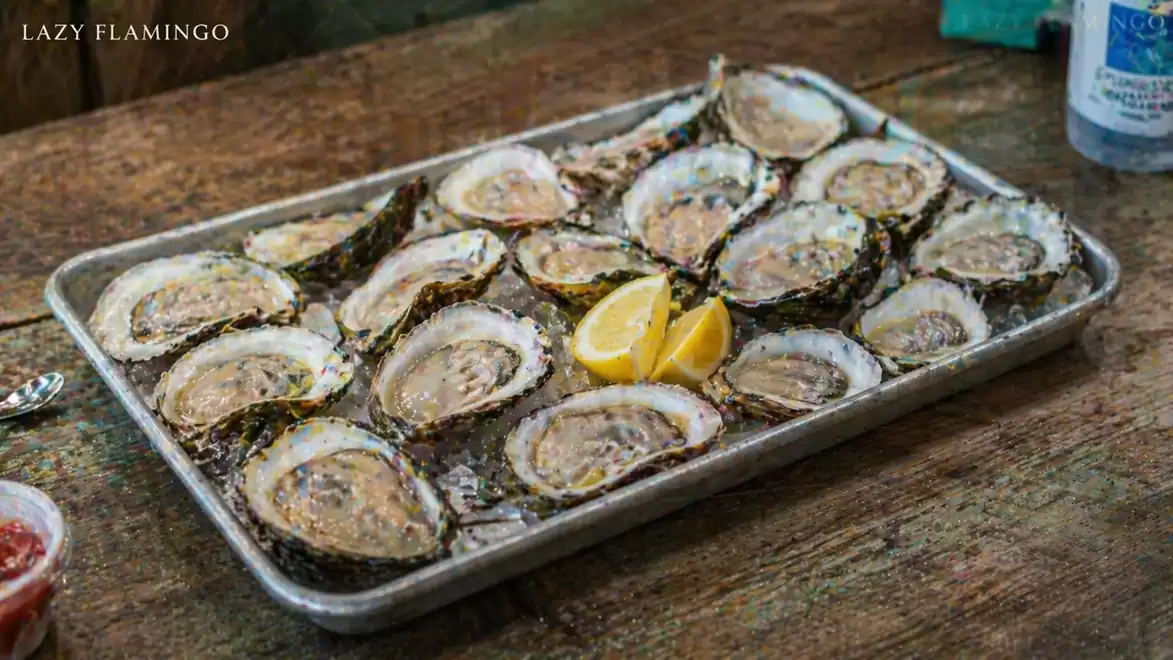 A tray of fresh oysters, garnished with lemon slices, served on a wooden table.