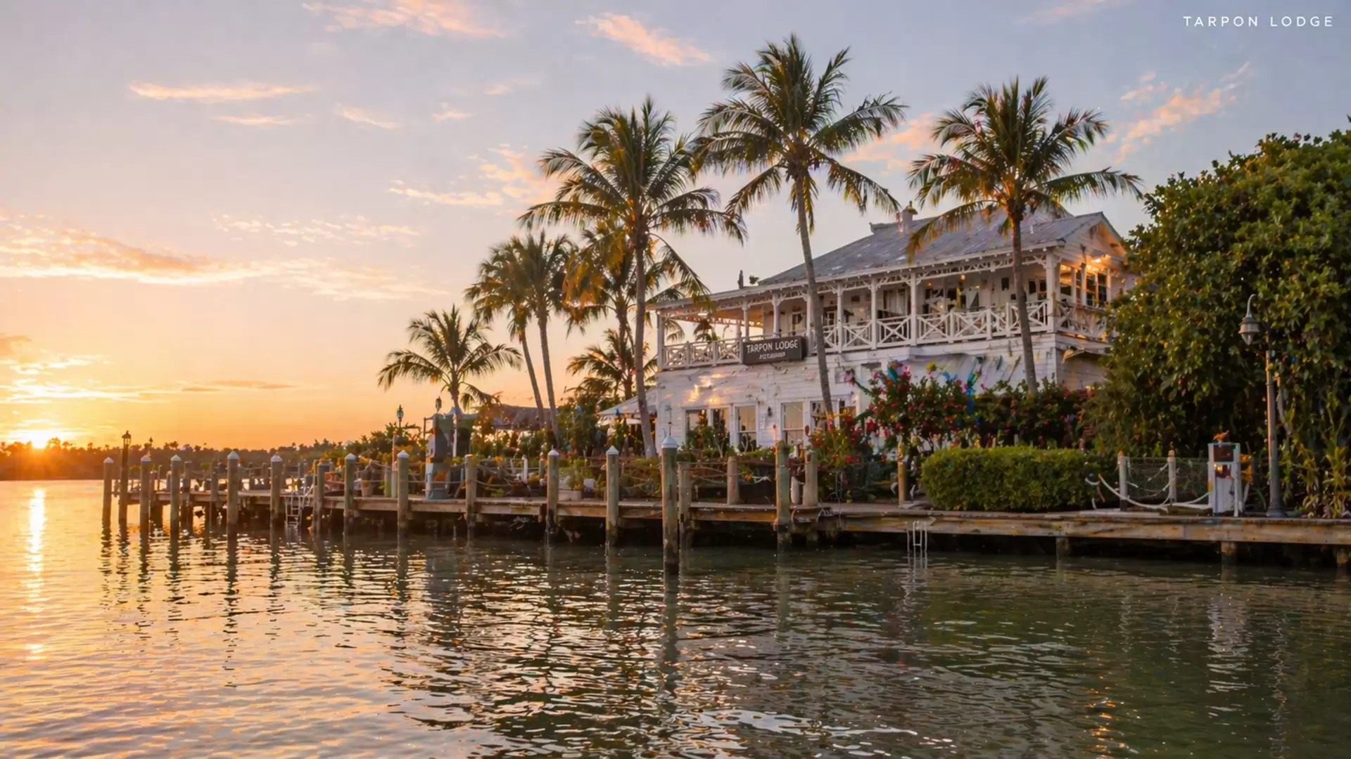 A picturesque waterfront estate at sunset, surrounded by palm trees and lush greenery.
