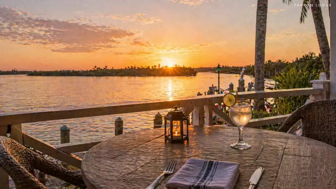 A wooden table with a cocktail and cutlery on a terrace overlooking a picturesque sunset over a calm lake.