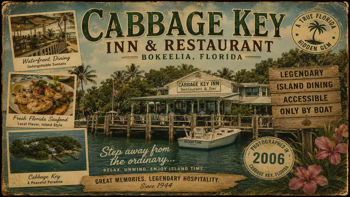 Vintage advertisement for Cabbage Key Inn & Restaurant in Bokeelia, Florida, featuring images of dishes, waterfront dining, and a boat dock.