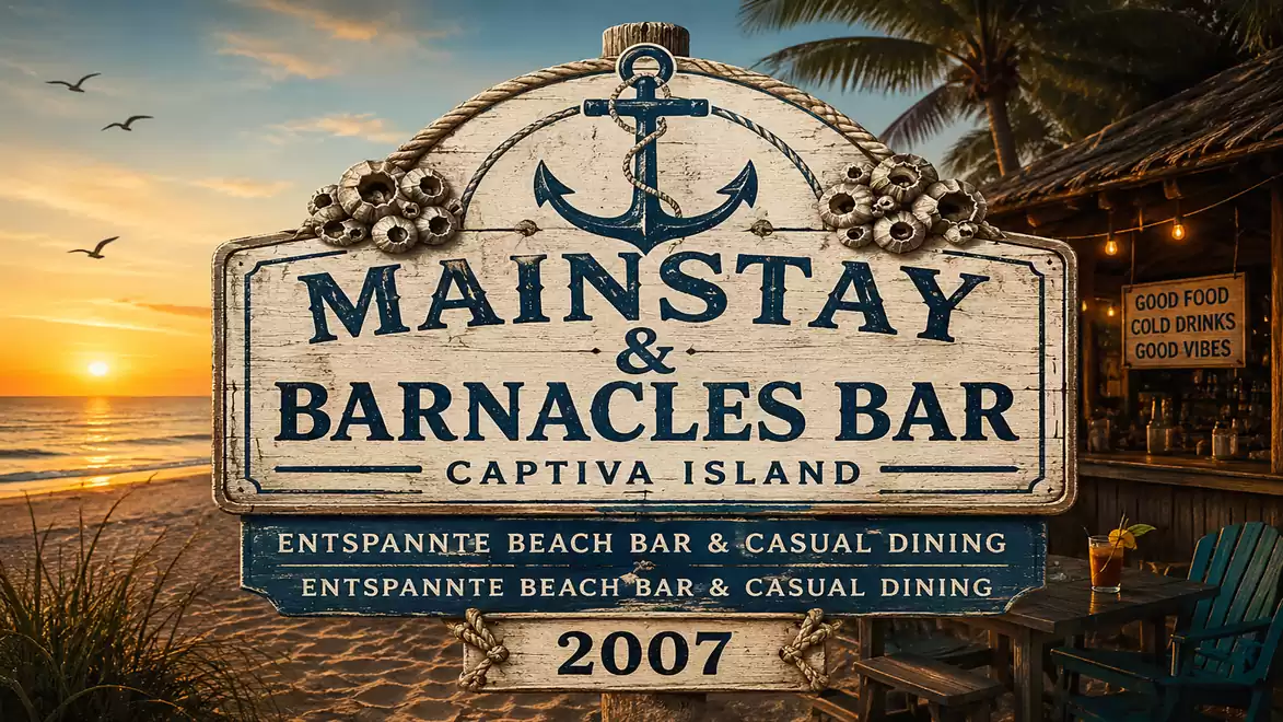 Beach scene with a sign for Mainstay & Barnacles Bar on Captiva Island at sunset.