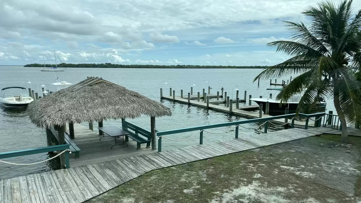 A picturesque beach with a wooden pier, straw sunshade, a palm tree and boats in the water under a cloudy sky.