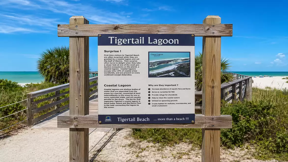 A sign for Tigertail Lagoon at a sunny beach with a clear blue sky.