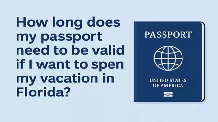 An image shows the question: 'How long does my passport need to be valid if I want to spend my vacation in Florida?' next to a picture of a US passport.