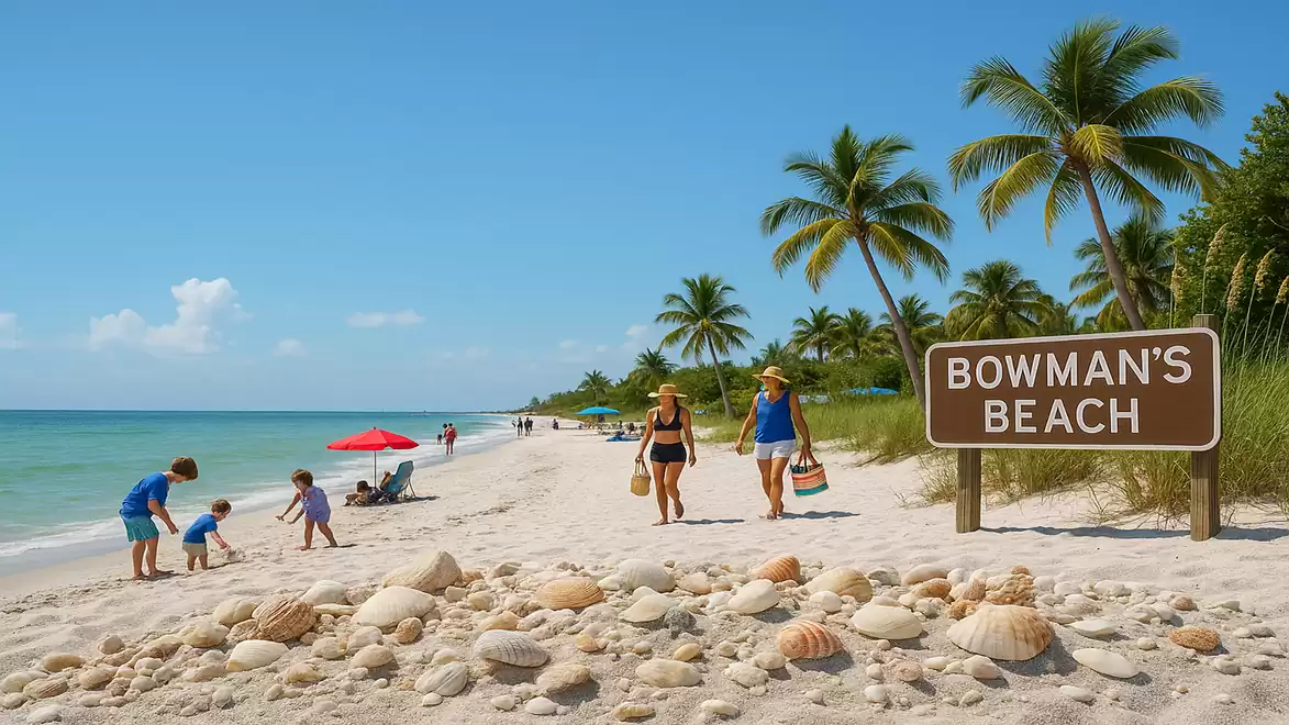A sunny beach with people walking by the water. Palm trees and a sign reading 'Bowman's Beach' are visible.