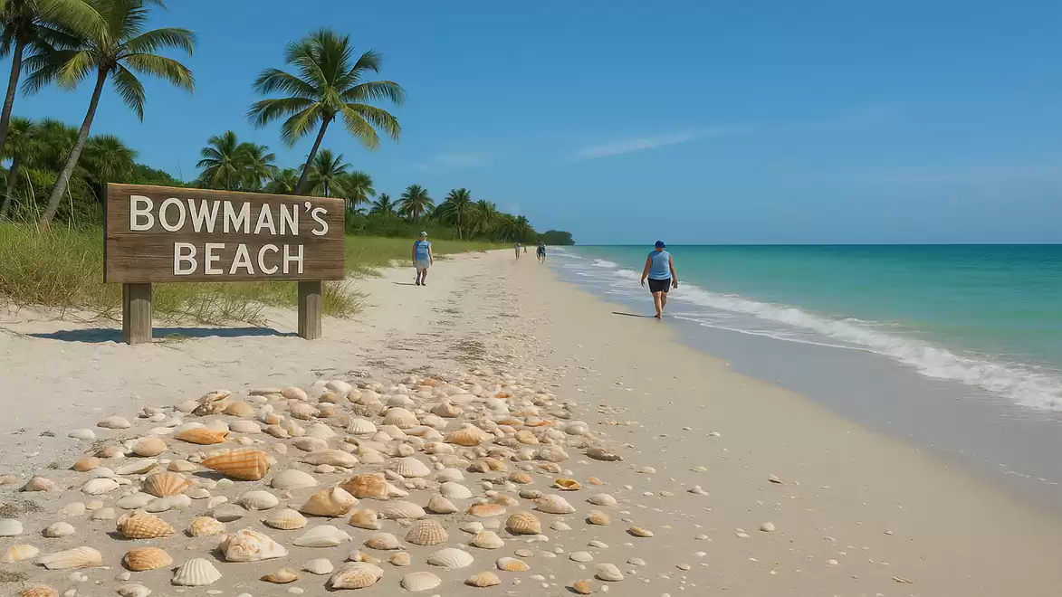 A tranquil beach called Bowman's Beach with palm trees and shells in the foreground, blue sky, and gentle waves.