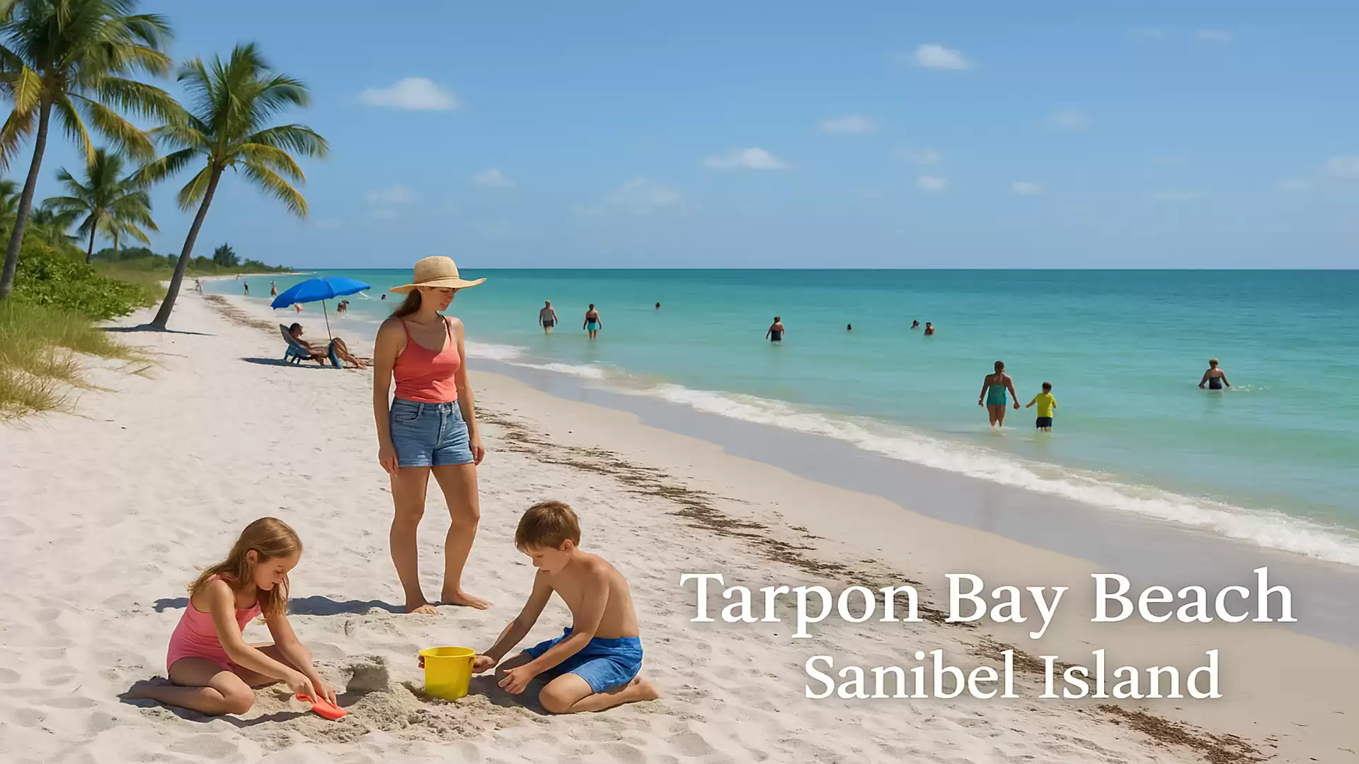 A woman and two children play on the sandy beach of Tarpon Bay Beach on Sanibel Island. Palm trees and turquoise water in the background.