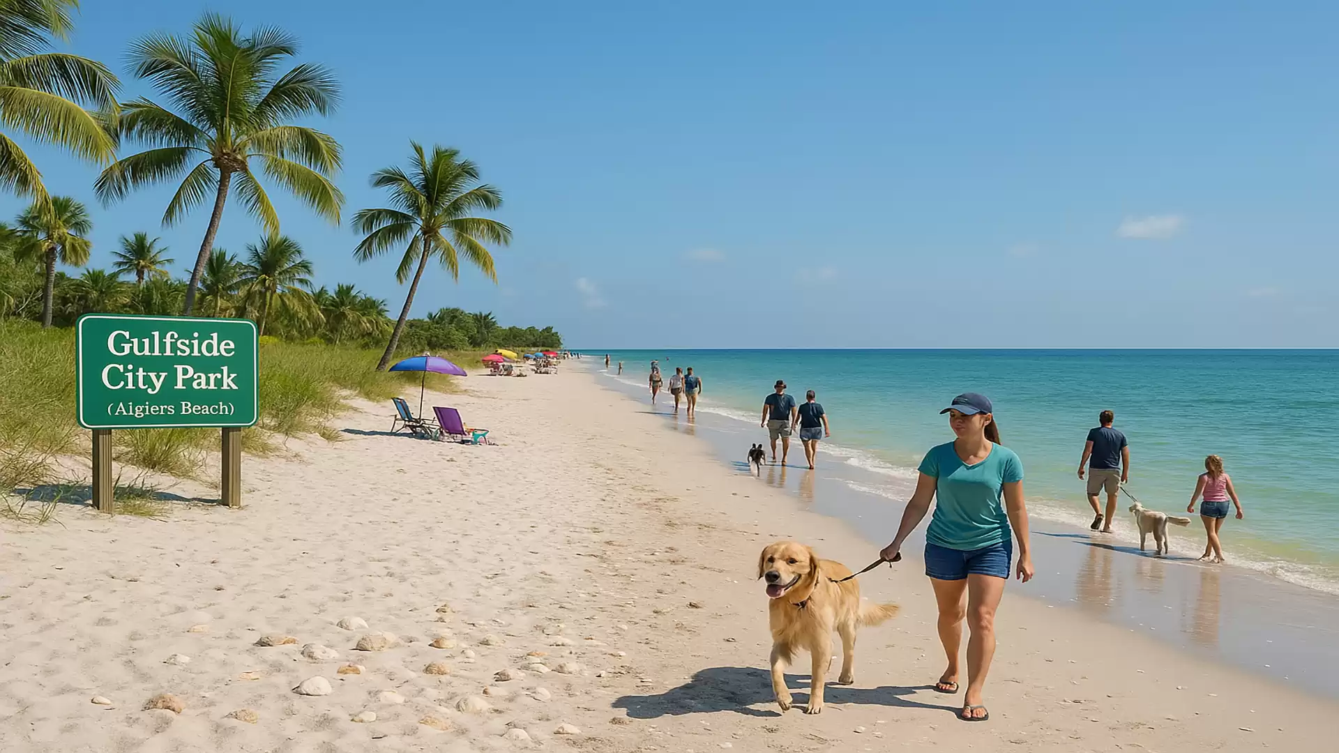 A sunny beach at Gulfside City Park with palm trees, people, and a dog walking along the shore.