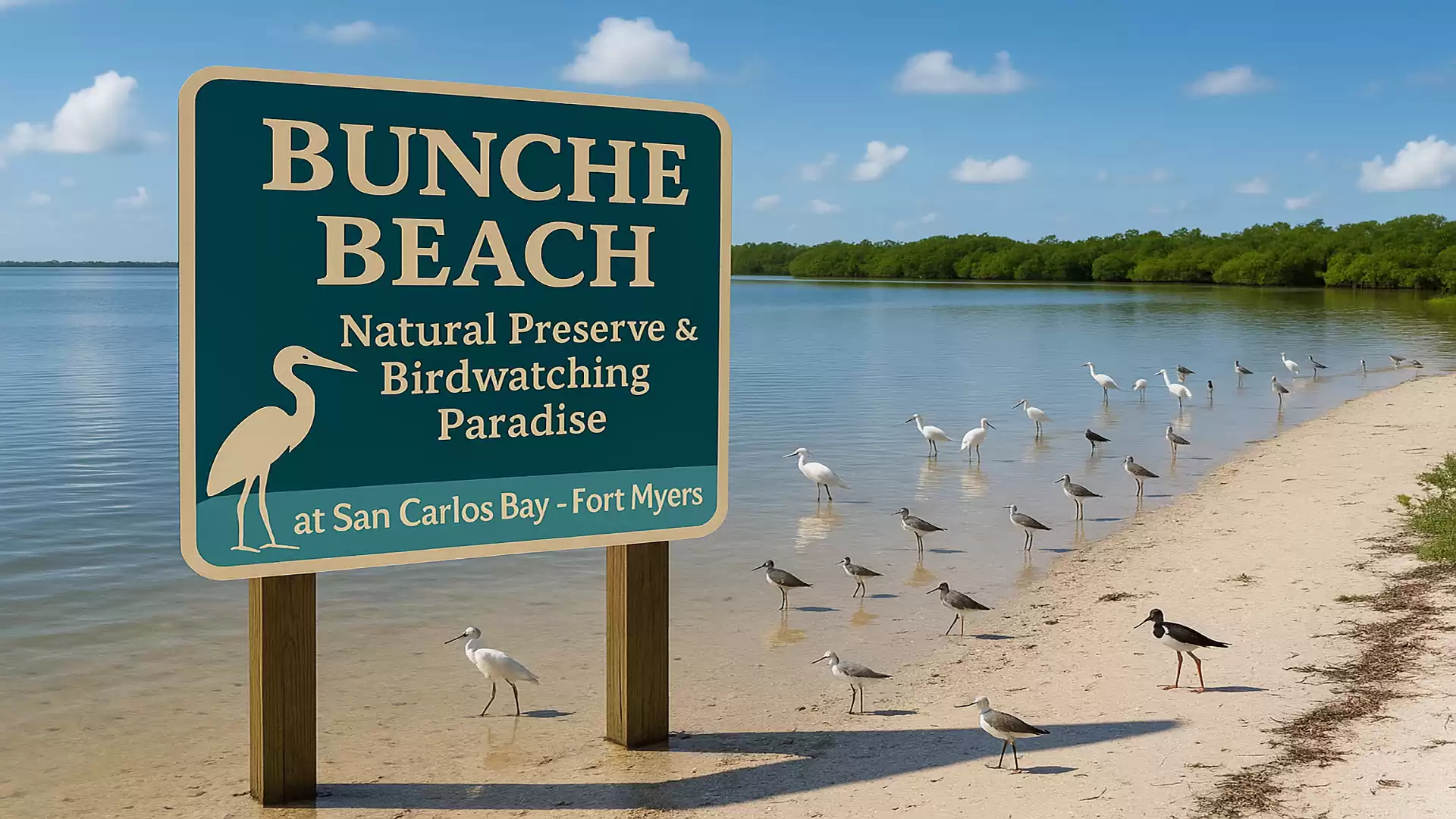 A sign at Bunche Beach pointing to a nature preserve and birdwatching paradise in San Carlos Bay, Fort Myers. Numerous birds stand on the sandy shore in front of a calm body of water.