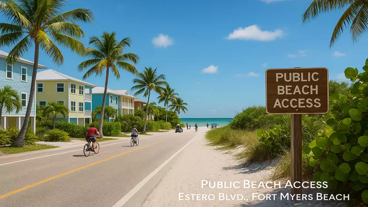 Scenic view of Fort Myers Beach with palm trees and cyclists on a road. A sign indicates public beach access.