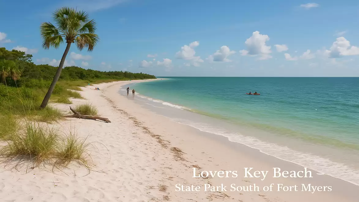 A picturesque beach scene at Lovers Key Beach in the state park south of Fort Myers with white sand, clear blue water, and palm trees in the background.