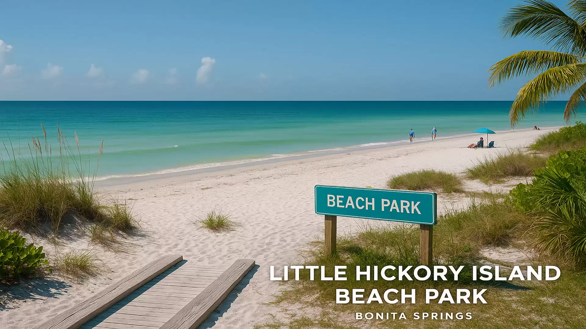 Beach with turquoise water, a sign reading 'Beach Park', and palm trees in the background.