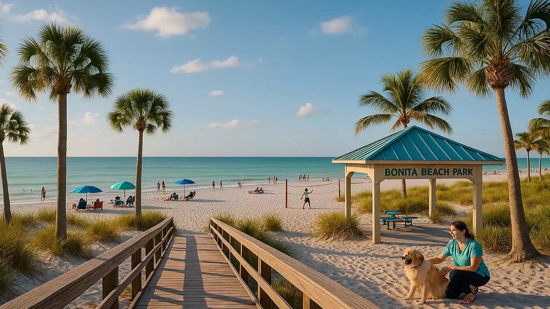 An idyllic beach with palm trees, sun umbrellas, and people relaxing. A wooden path leads to a pavilion at Bonita Beach Park, where a woman sits with a dog.
