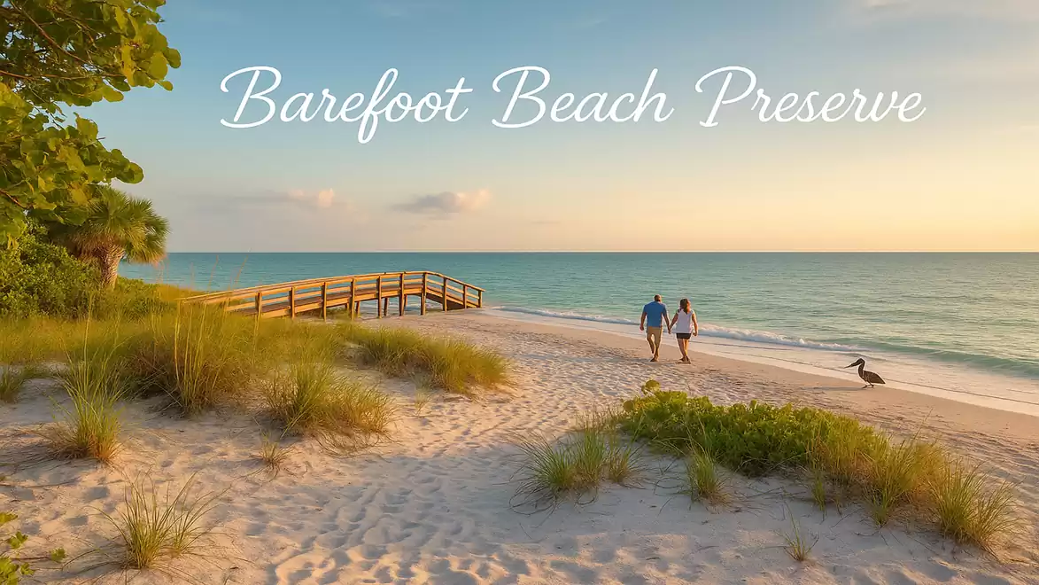 Couple walking on the tranquil Barefoot Beach Preserve at sunset. Wooden boardwalk and pelican in the background.