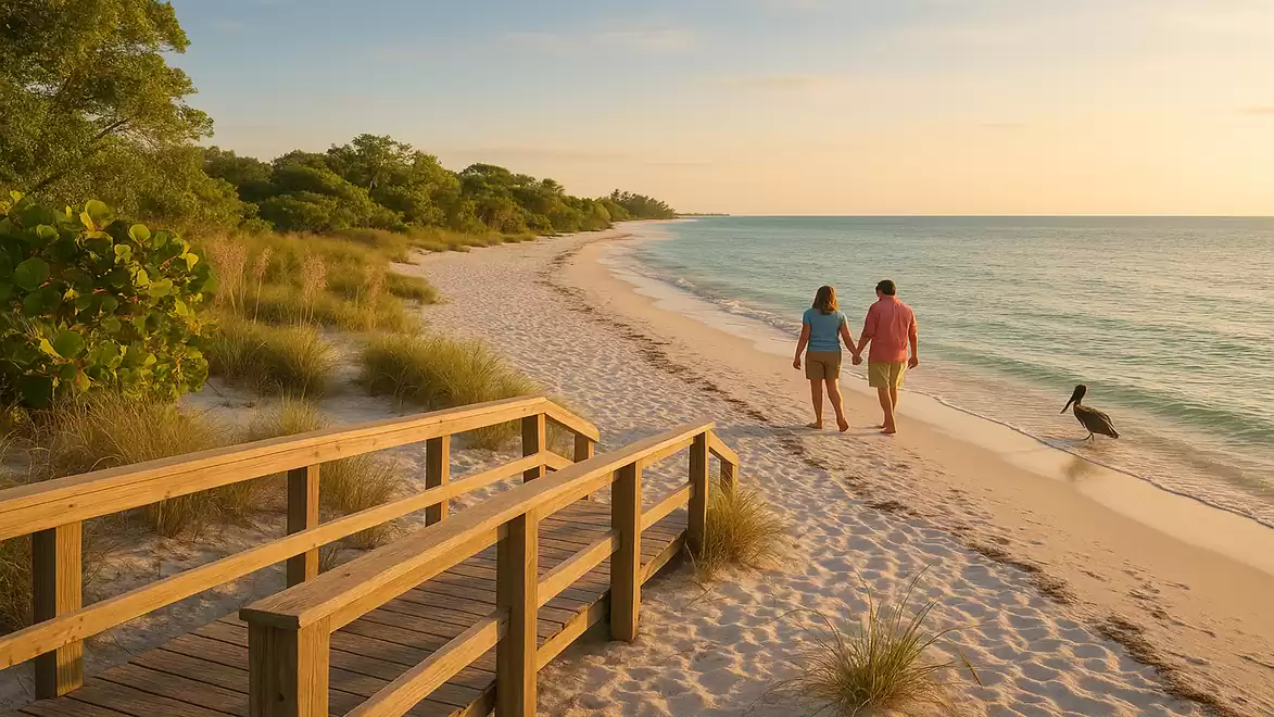 A couple walks along the beach at sunset while a pelican stands in the water nearby.