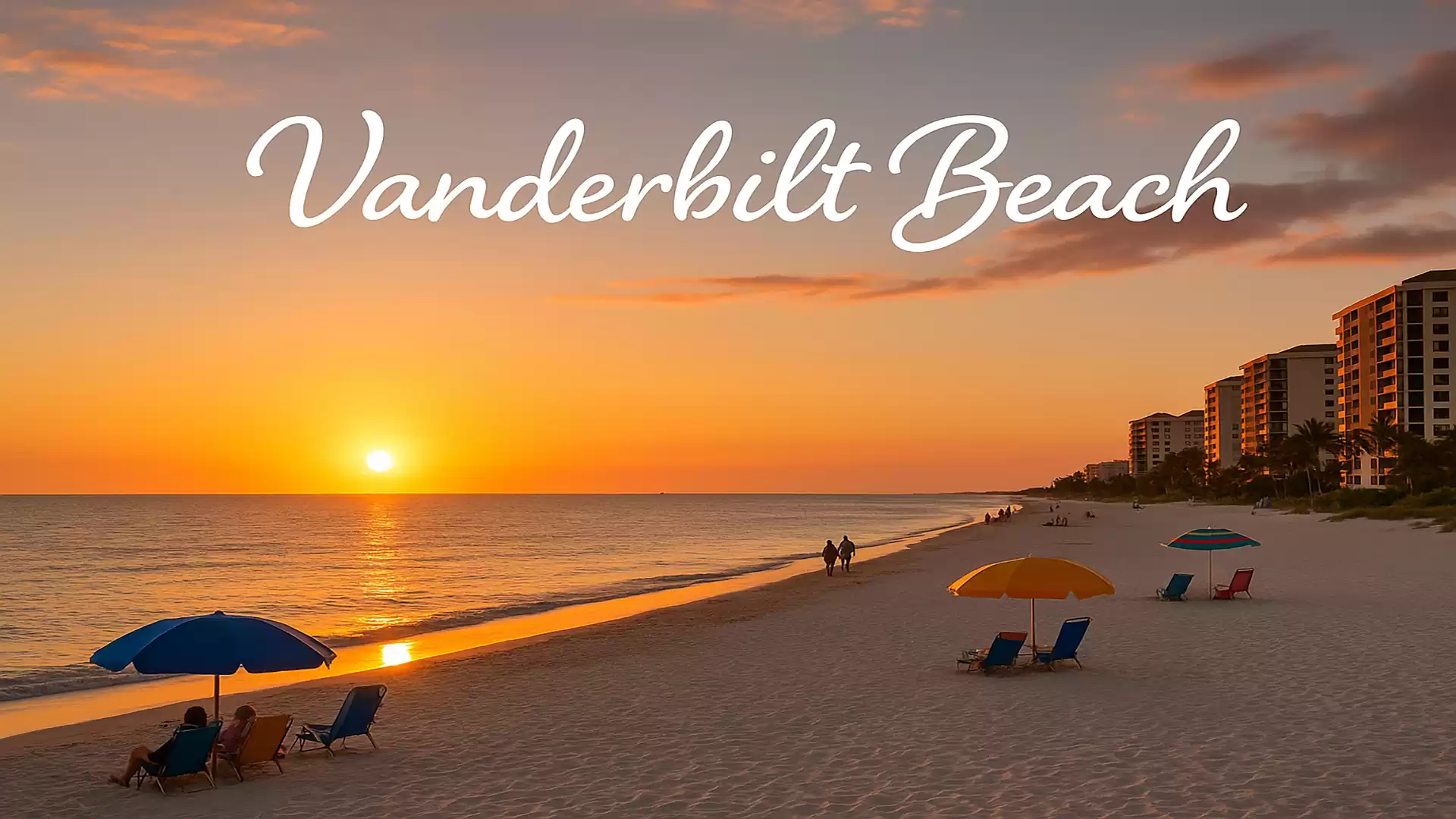 Vanderbilt Beach at sunset with lounge chairs and buildings in the background.