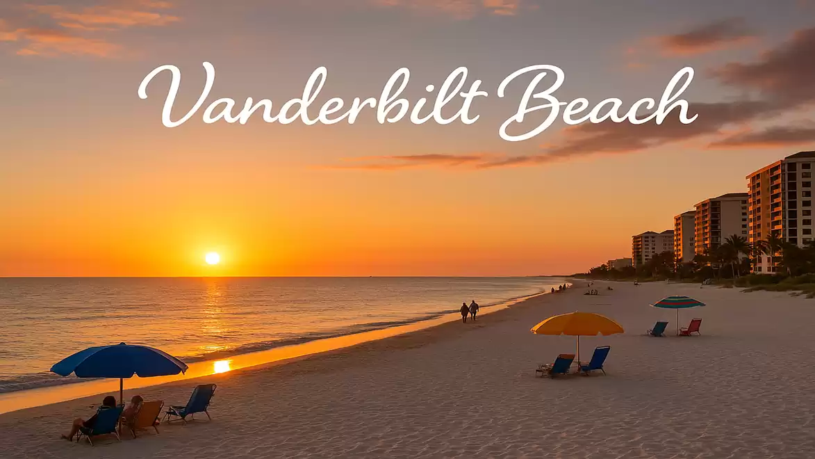 Vanderbilt Beach at sunset with lounge chairs and buildings in the background.