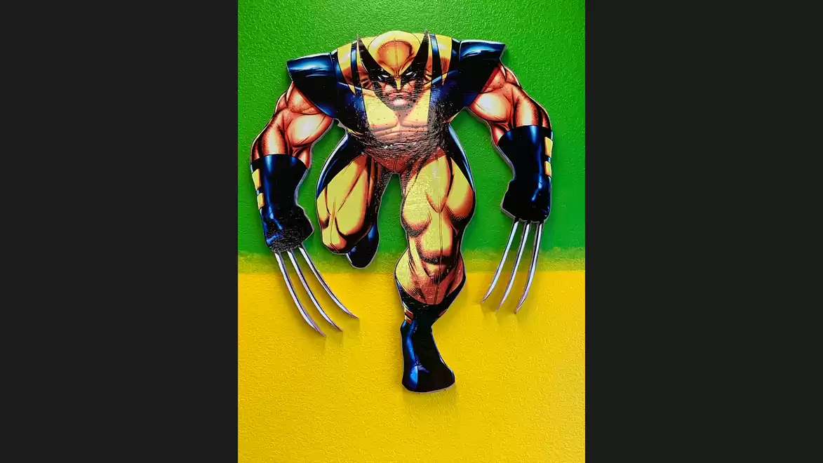 Comic hero in an aggressive pose with retractable claws against a green and yellow background.