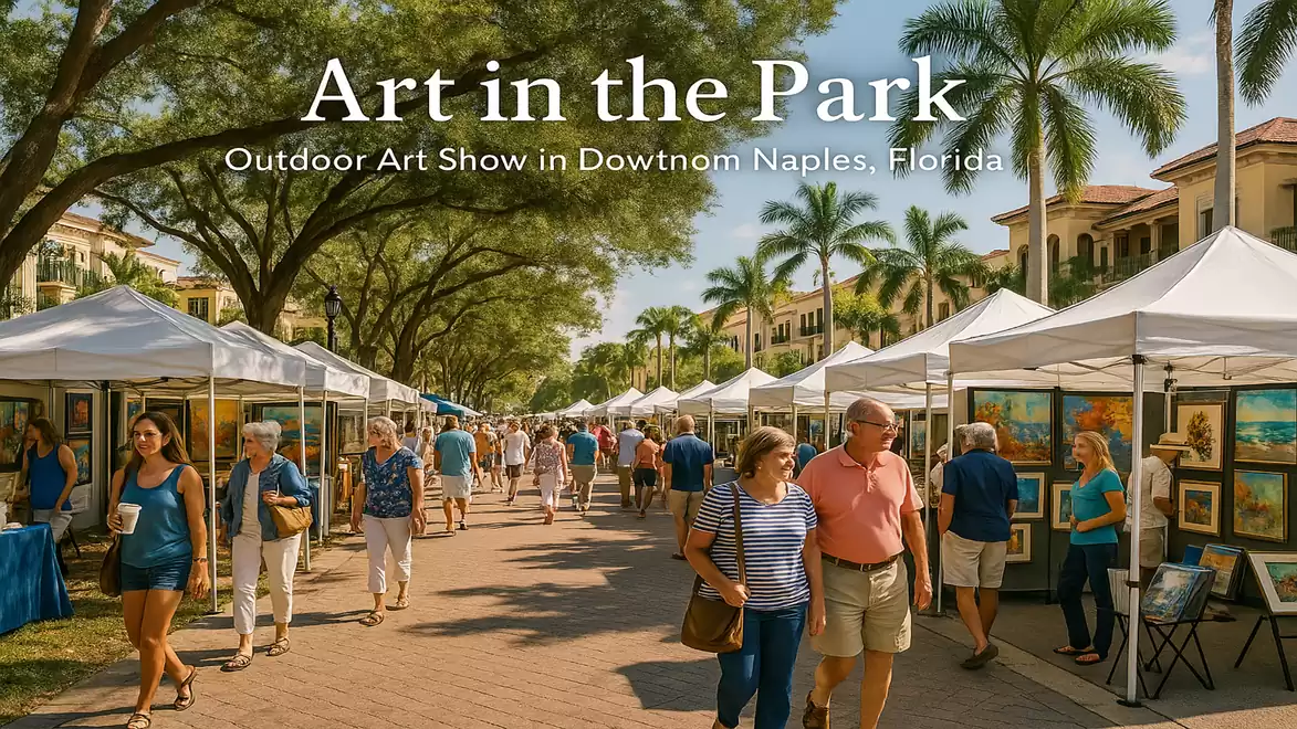 A bustling outdoor art market with people strolling through an avenue of art stalls, surrounded by palm trees and a clear blue sky.