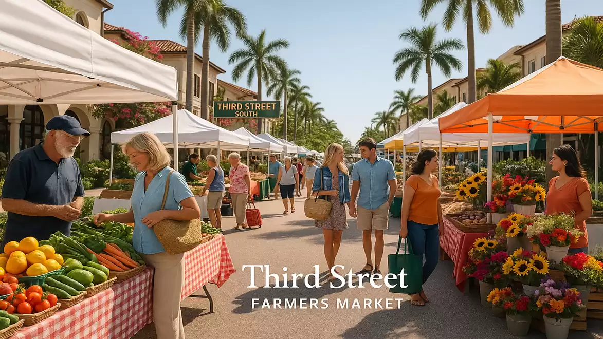 People stroll through a busy farmers' market in a sunny, tropical setting. Stalls with fresh fruits, vegetables, and flowers line the street, with palm trees visible in the background.